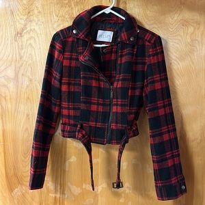 Black and red plaid. Size med off centered zip up with belt.
